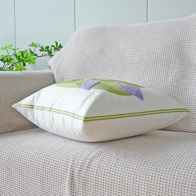 vctops Farmhouse Calla Lily Cotton Tufted Throw Pillow Cover Spring Floral Embroidery Pillowcase Soft Square Cushion Case for Sofa Couch Bed Chair (Purple C,18"x18")