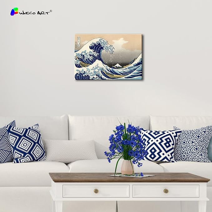 Wieco Art Canvas Prints Wall Art Ocean Beach Picture Paintings for Home Office Decorations Wall Decor Great Wave of Kanagawa Katsushika Hokusai Modern Stretched and Framed Landscape Sea Artwork
