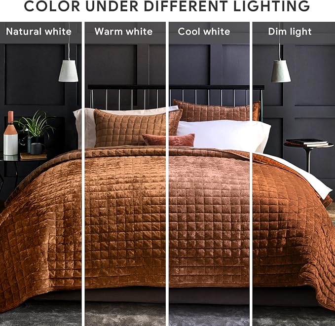 RECYCO Channel Box Stitch Velvet Quilt Set, King Size, Rusty Burnt Orange | Ultra Soft Lightweight Velvet Comforter, Luxury Oversized Bedspread Coverlet, Quilted Bedding Set for All Season with 2 Shams