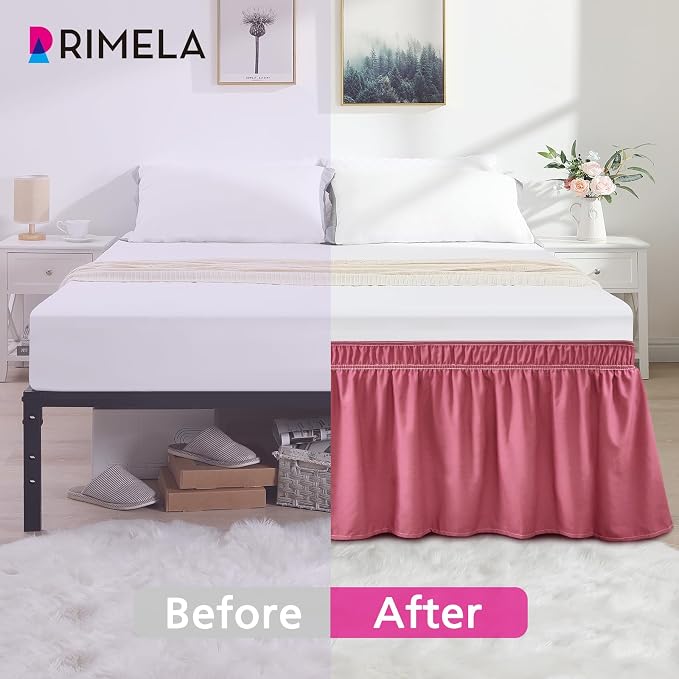 Dusty Red Bed Skirt King Size 18" Drop, Elastic Wrap Around Bedskirt | Solid Ruffled, Easy to Use, No Mattress Lifting, Wrinkle & Fade Resistant, with Adhesive Strips, Machine Wash/Dry/Iron