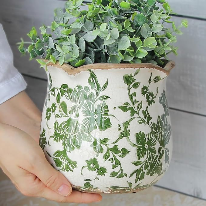 Xiaan Jiaju Tuscan Ceramic Plant Pots, Vintage Planter & Vase with Drainage | 6.11" Decorative Vases and Flower Pots for Indoor Plants, Farmhouse Home Kitchen Garden Decor, Plant Lover Gifts, Green