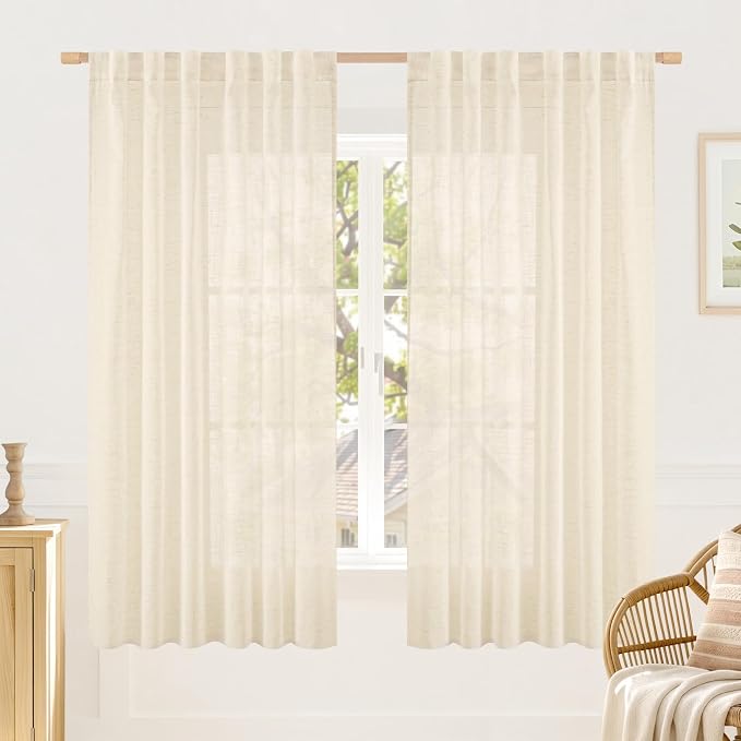 Semi Sheer Linen Window Curtains 63 Inch Length, Linen, 2 Panels | Light Filtering, Neutral Curtain Panels, Bedroom, Back Tab Rod Pocket, Drapes for Farmhouse, Living Room, 52 x 63 Inch