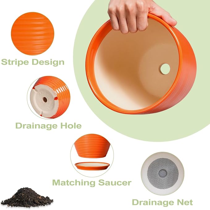 8 Inch Plant Pot, Ceramic Planters for Plants with Drainage and Saucer, Orange