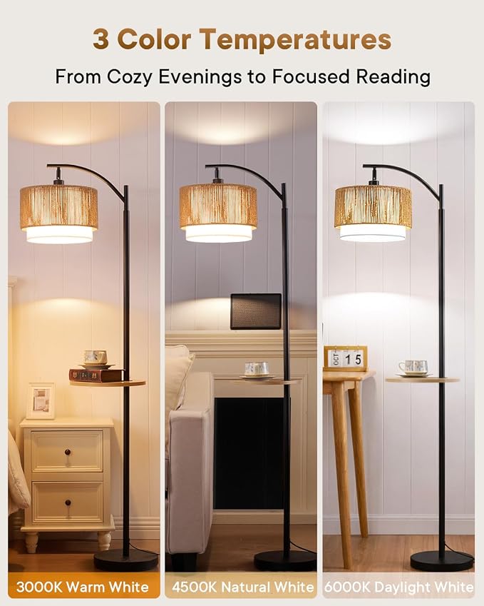 PESRAE Rattan Floor Lamp for Living Room, Farmhouse Arc Standing Lamp