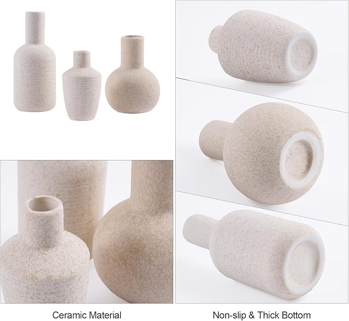 DN DECONATION Flower Vase Set of 3, Small Boho Vases for Table Home Decor | Rustic Farmhouse, Ceramic Vase for Pampas Grass, Dried Fresh Flowers, Modern Decorative Vases for Living Room, Bedroom, Shelf