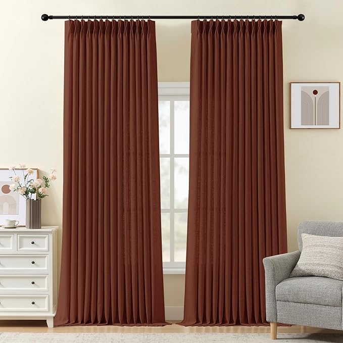 108 Inch Linen Pinch Pleated Sheer Linen Blend Curtains for Living Room | Light Filtering, Bedroom, Semi Sheer, Pinch Pleat, Linen Blend, Hook Rings, High Ceiling Curtains, Chestnut Brown, 2 Panels