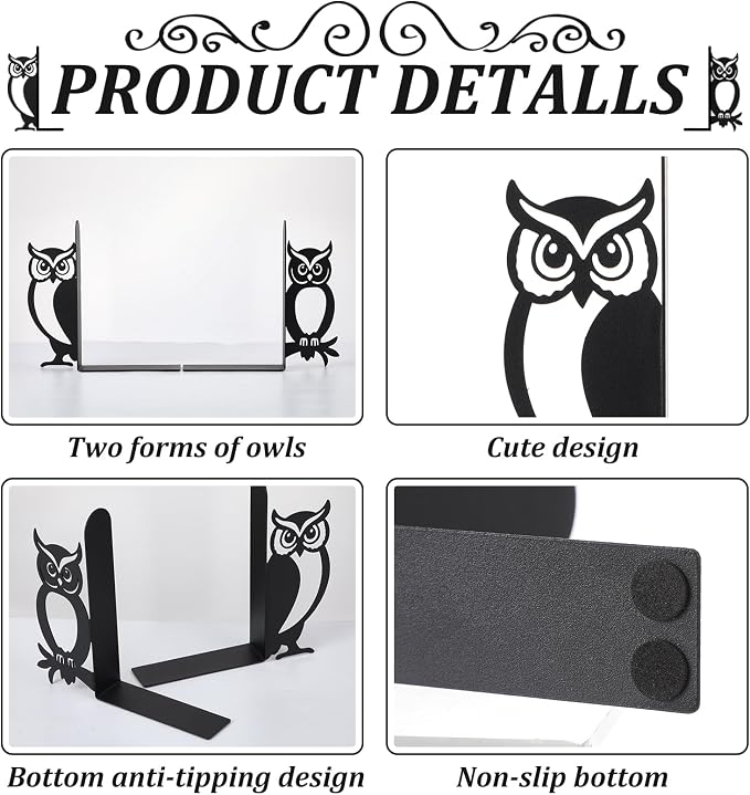 Geelin Metal Owl Bookends Set of 2, Black Book Ends for Shelves Decor