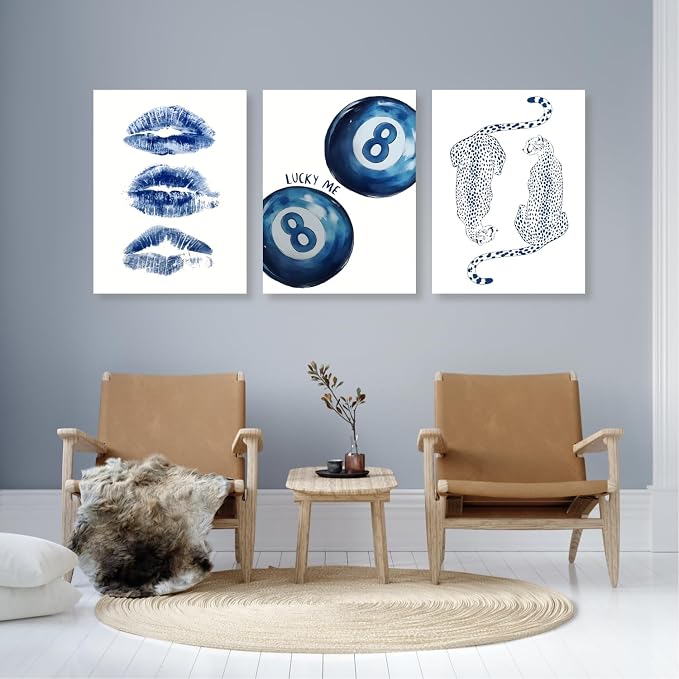 GELDSTEI Wrapped Canvas Blue Leopard 8 Ball Wall Art Set of 3, 12x16 in | Blue Modern Lips Lucky 8 Ball Leopard Print Wall Decor, Bold Fun Gift for Teens and Animal Lovers