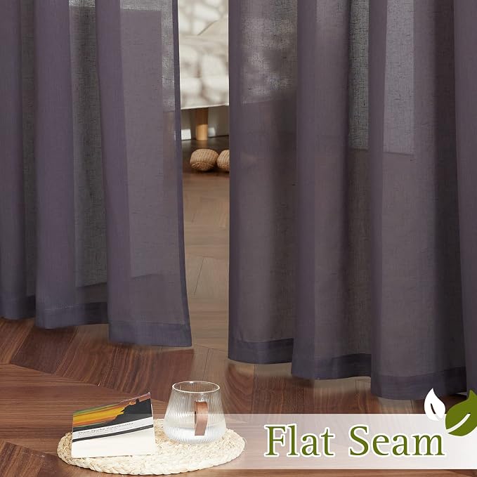NICETOWN Flax Linen Sheer Curtains for Patio Sliding Door, Grommet Semi Sheer Linen Blend Curtains Privacy Drapes with Light Filter for Villa/Cottage, W70 x L84, Purple Brown, 1 Pair