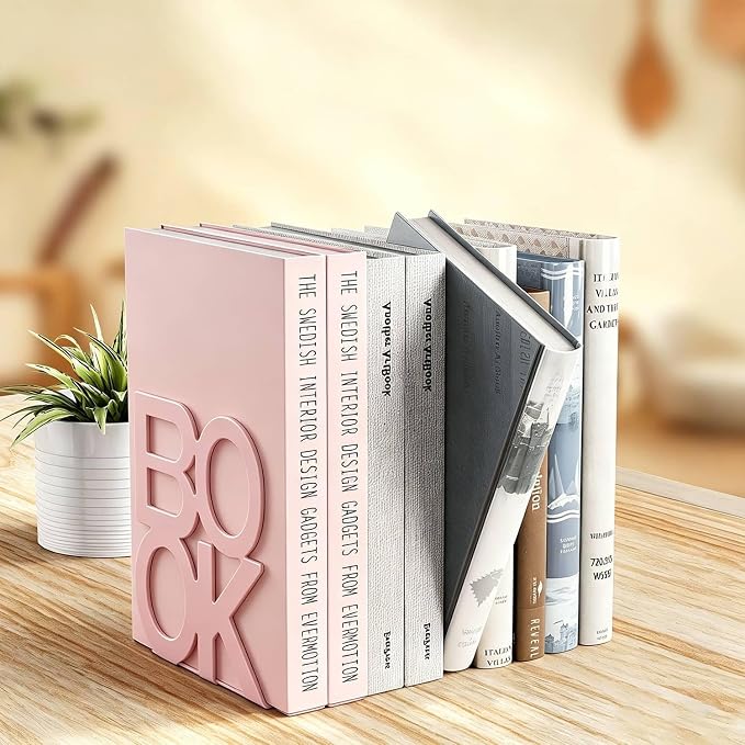 Book Ends-Metal BookEnds for Bookrack Desk,Books(Pink, 8 Pair)