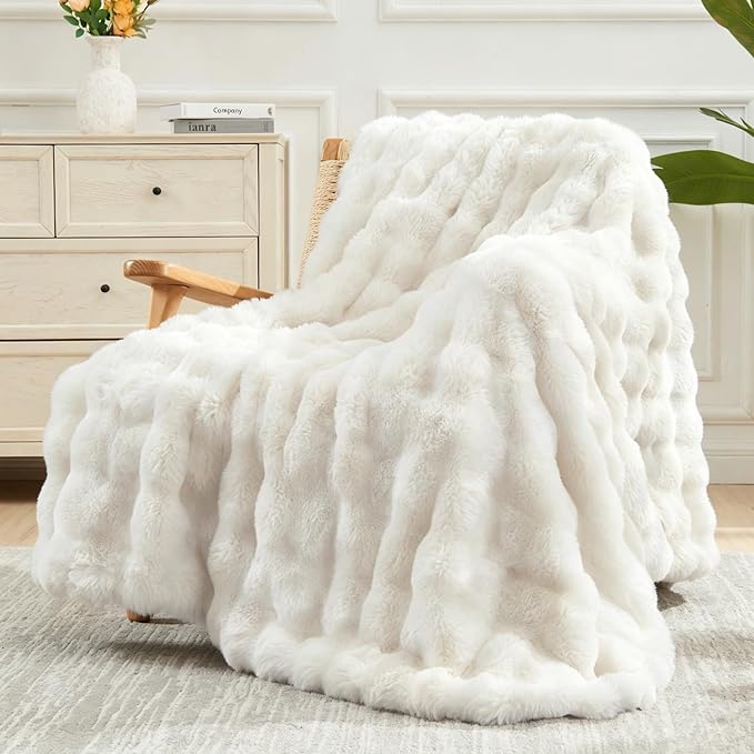 NEWCOSPLAY Faux Fur Fluffy Bubble Twin Blanket for Couch, Ivory, 60"x80" | Soft Thick Warm Bubble Blanket for Couch Sofa Bed 550GSM, Plush Cozy Luxury Decorative Throw, Gift for Women Men