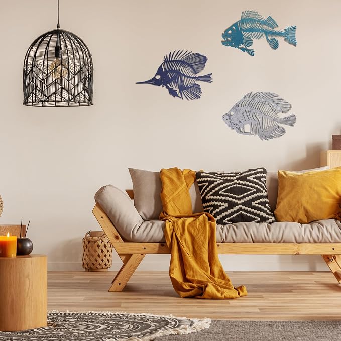 Zhengmy 3 Pcs Metal Fish Wall Art Fishing Wall Decor Hanging Metal Fish Bone Rustic Nautical Style Sign Plaque for Indoor Outdoor Office Home Bedroom Bathroom Living Room Window(Various Color)