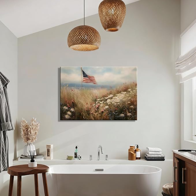 RIBNTAK Vintage American Flag Canvas Wall Art, Rustic Field Landscape Artwork Print for 4th of July Decorations, Patriotic Decor Collection Perfect for Independence Day Bedroom Home Decor