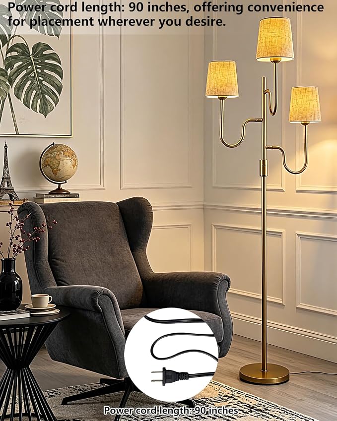 Lightdot 68IN Gold Floor Lamp Dimmable 3-Lights LED Floor Lamps with Cone Fabric Shade& Warm White Bulb for Wedding/Party 3-Arm Standing Tall Lamp for Living Room/Bedroom/Sofa Beside/Corner Decor