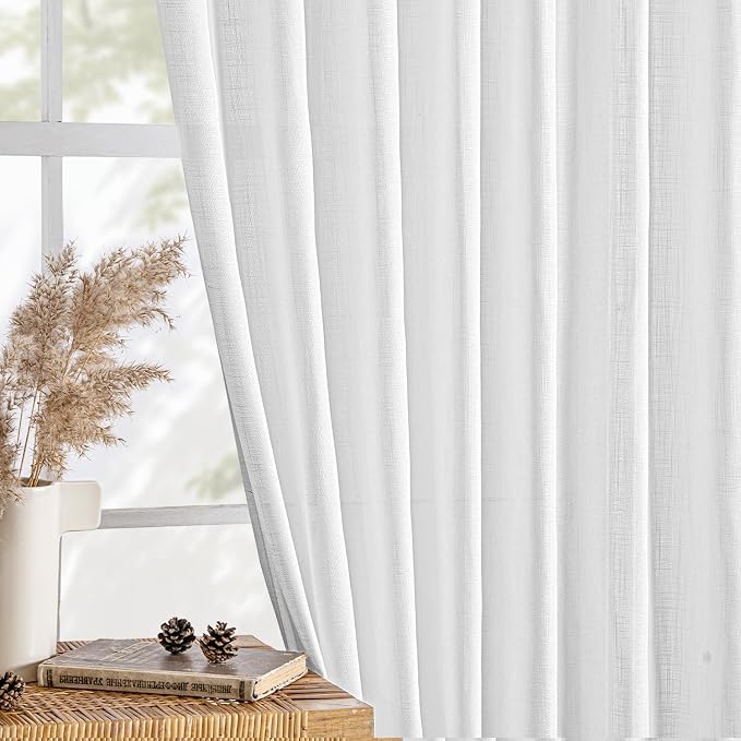 MIULEE White Linen Curtains 104 Inch Long 2 Panels for Bedroom Living Room | Soft Thick Linen Textured Back Tab Window Drapes, Semi Sheer Light Filtering, Rod Pocket, Modern Farmhouse Decor