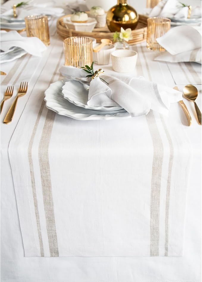 Solino Home 100% Linen Table Runner, 14 x 108 in, Natural and White Striped | French Stripe, brings a tailored look to family meals and hosting, woven stripe, European flax fibres, OEKO-TEX Certified