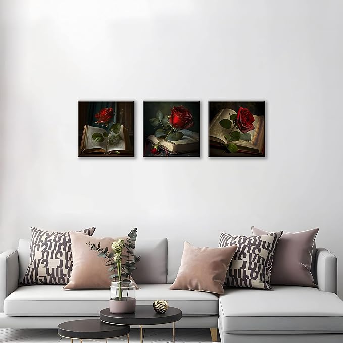 NAN Wind Vintage Red Wall Decor for Living Room Bathroom Accessories Green Leaf Retro Wall Art Red Rose on Books Pictures Bedroom Decor Kitchen Home Decorations 20x20 3 Pcs/Set