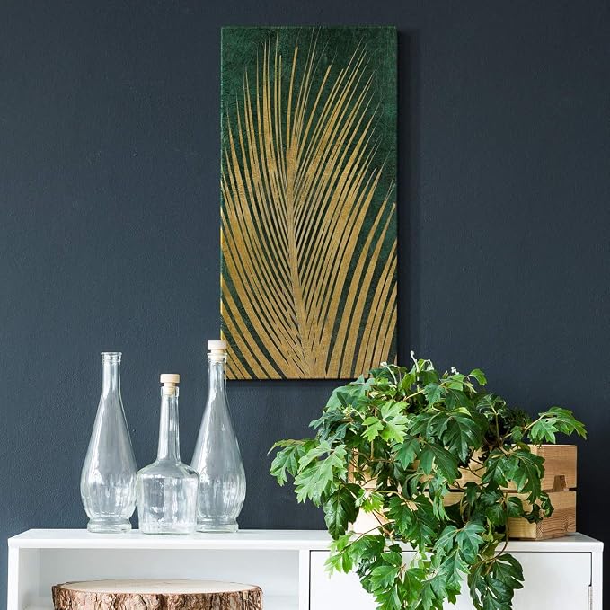 Renditions Gallery Canvas Nature Wall Art Home Paintings & Prints Glittering Golden Palm Modern Romantic Botanical Glam Artwork Decorations for Office Bedroom Kitchen - 8"x16" LT43