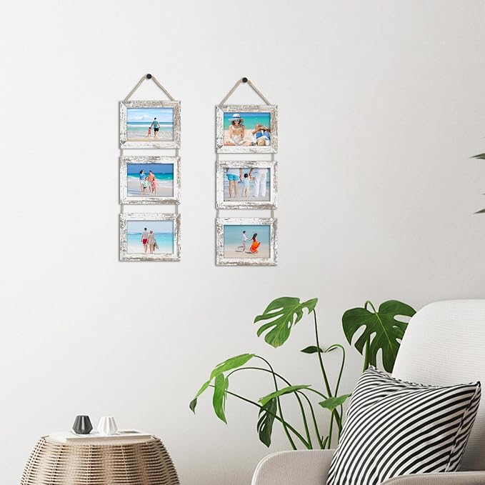 4x6 Collage Picture Frames Set of 2, Rustic Wooden Real Glass Horizontal Hanging 3 Opening 4 by 6 Photo Frame, Distressed White