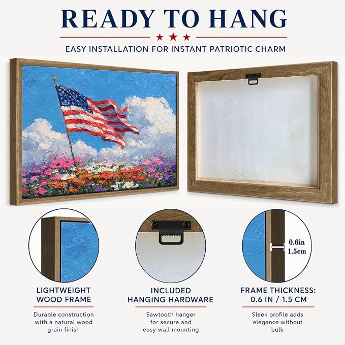 American Flag Framed Canvas Wall Art, 4th of July Patriotic Canvas Prints | Wildflower Landscape Poster Print, Vintage Rustic Independence Day Wall Decor for Bedroom Living Room Office 6×8in