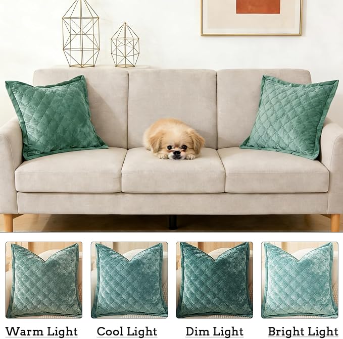 Pillow Cover 24x24 1 Piece Velvet Large Euro Sham with Hidden Zipper Wrinkle Resistant Soft Cross Process Decorative Farmhouse Quilted Cushion Covers for Couch Bed, Aqua Green