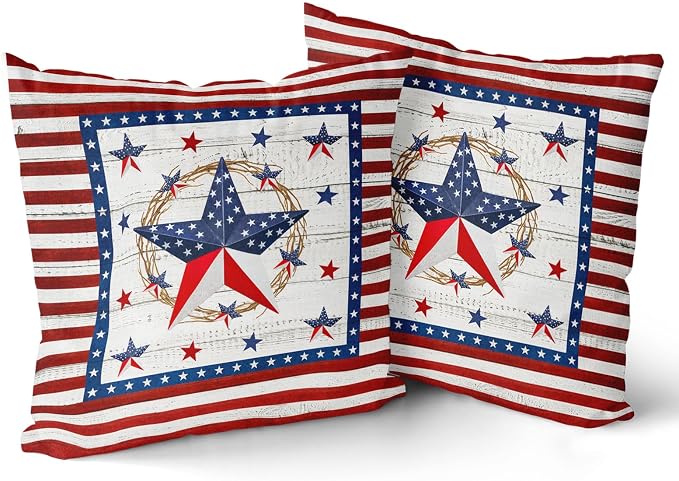 Giwawa 20"x20" Patriotic Stars Pillow Covers 4th of July Star Wreath Decorative Throw Pillow Cases Set of 2 Independence Day Cotton Cushion Covers for Sofa Couch Indoor Outdoor Holiday