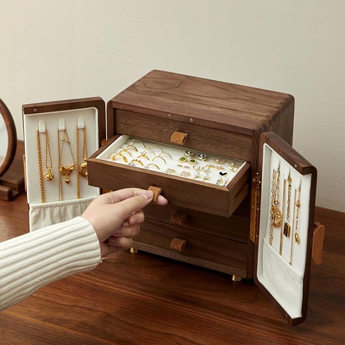 Black Walnut Wood Jewelry Box, Large | Women & Men, Velvet Lined, 5 Drawers, Hand Carved Ginkgo Leaf Handles, Double Door Wardrobe Design