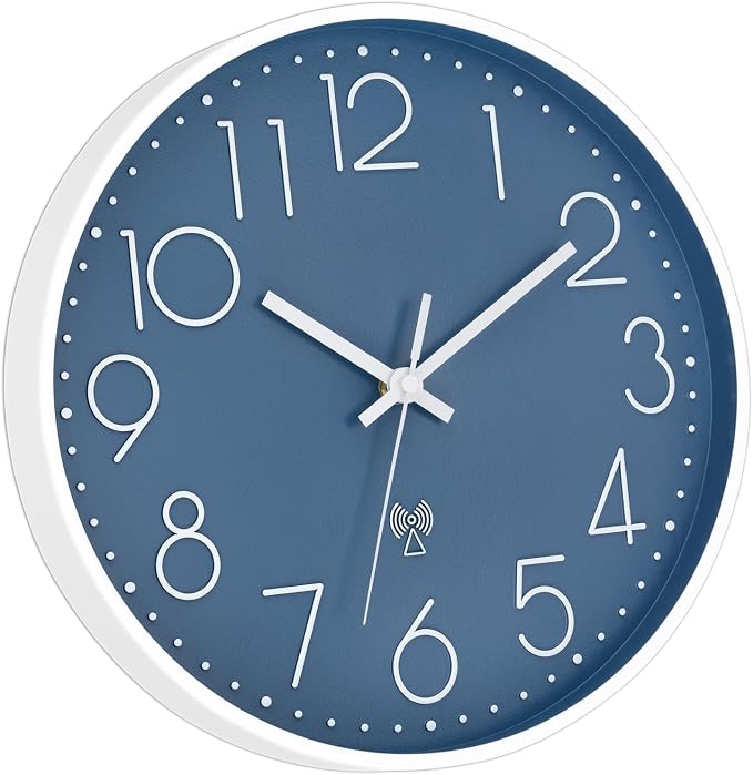 Foxtop 12" Atomic Wall Clock Battery Operated Modern Analog Clock, Cerulean | Round, Sets Automatically, Easy to Read, Office, Classroom, Bedroom, Kitchen, Living Room