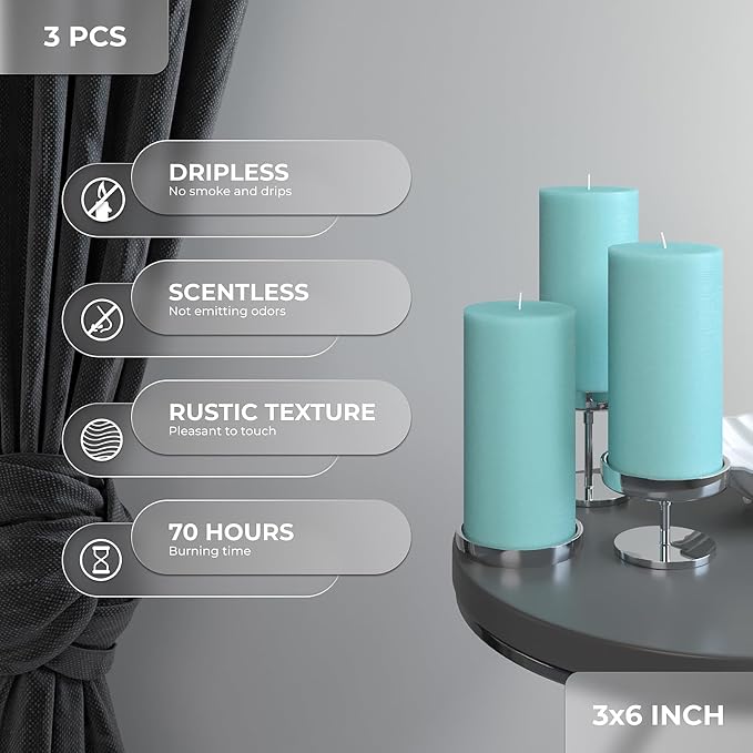 CANDWAX Large Pillar Candles 3x6 Inch – Set of 3 Unscented Dripless Light Turquoise Candles, Rustic Style for Home Decor, Events, Weddings