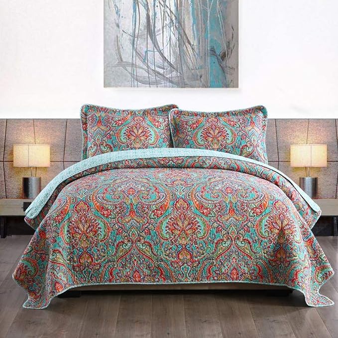 Travan 3-Piece Bedspread Quilt Set Oversized Reversible Quilted Bedding Cotton Coverlet Set with Shams, Gorgeous Floral Pattern, Twin Size