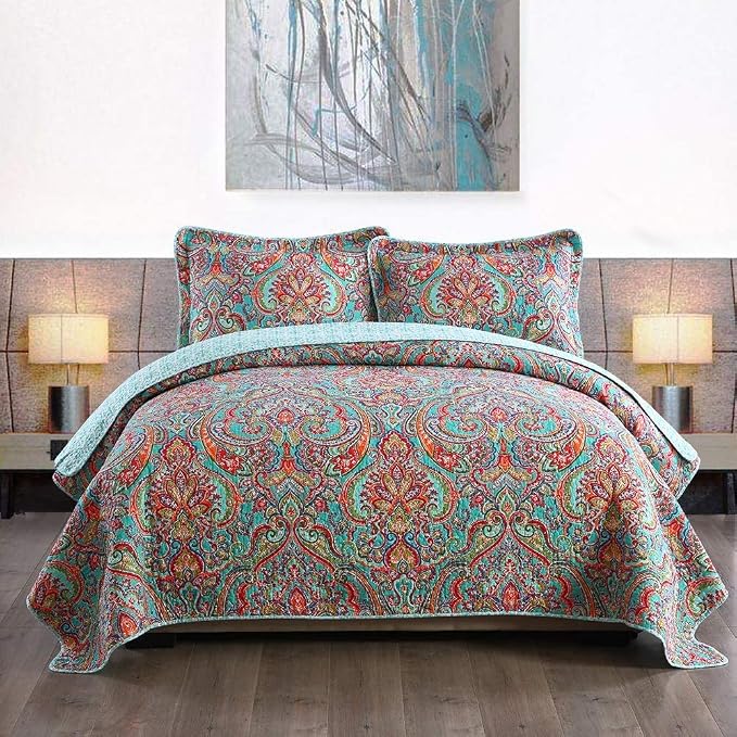 Travan 3-Piece Bedspread Quilt Set Oversized Quilted Bedding Reversible Cotton Coverlet Set with Shams, Gorgeous Floral Pattern, King Size