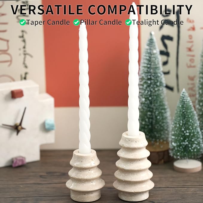 Travertine Marble Candlestick Holders - Set of 2 Stone Candle Sticks Holder Tree Decor, Decorative Modern Candle Stands for Taper Candles