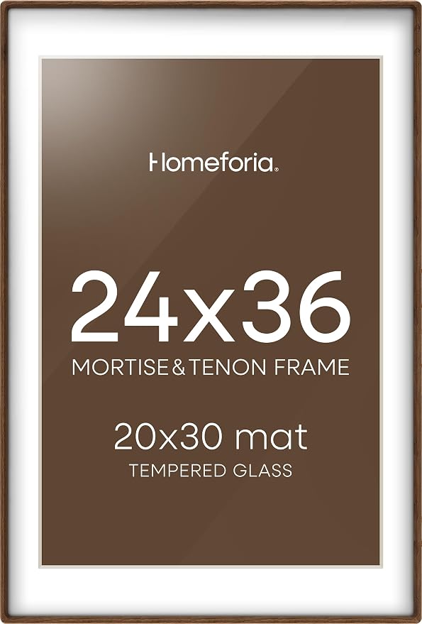 Homeforia 24x36 Mortise&Tenon Walnut Poster Frame, 20x30 Mat, Glass