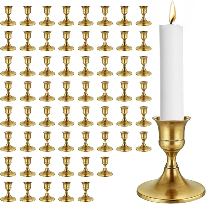 60 Pack Brass Gold Taper Candle Holders Set, Bulk Vintage Metal Candlestick Holders for Table Centerpieces, Wedding Reception Decorations, Party Banquets, Christmas Mantel Decor and Home Decor (Gold)