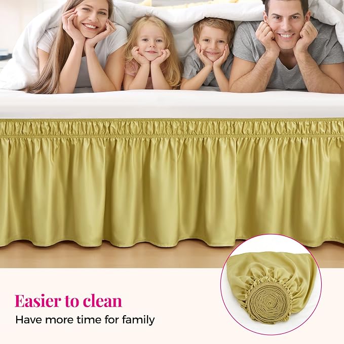 Gold Green Bed Skirt Queen Size 15" Drop, Elastic Wrap Around Bedskirt | Solid Ruffled, Easy to Use, No Mattress Lifting, Wrinkle & Fade Resistant, with Adhesive Strips, Machine Wash/Dry/Iron