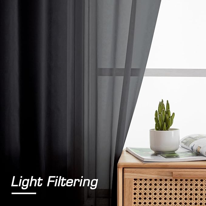 Simplebrand Black Sheer Curtains 72 Inches Long 2 Panels for Living Room, Rod Pockets Airy Window Treatments Voile Sheer Black Curtains Panels Lightweight for Front Back Patio Glass Door, 42" Width