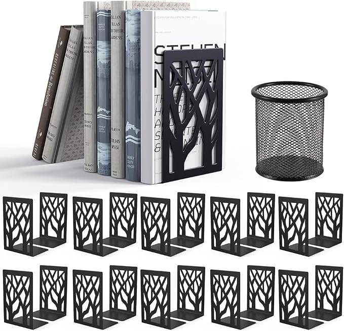 Book Ends-Metal Book End Supports for Bookrack Desk (Black, 10 Pair)