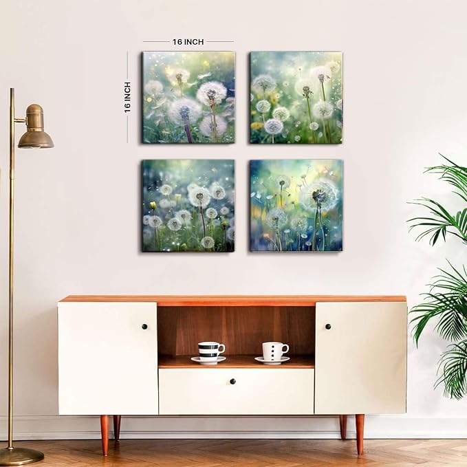 Dandelion Canvas Wall Art Modern Landscape Wall Decor for Bedroom White Dandelion Flower Painting Living Room Bathroom Pictures Natural Scenery Posters Kitchen Dinner Room Home Decoration 16x16" 4 Pcs