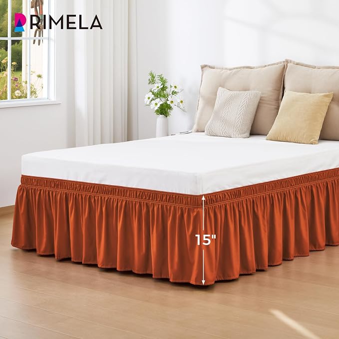 Orange Yellow Bed Skirt Queen 15" Drop, Elastic Wrap Around Bedskirt | Solid Ruffled, Easy to Use, No Mattress Lifting, Wrinkle & Fade Resistant, with Adhesive Strips, Machine Wash/Dry/Iron