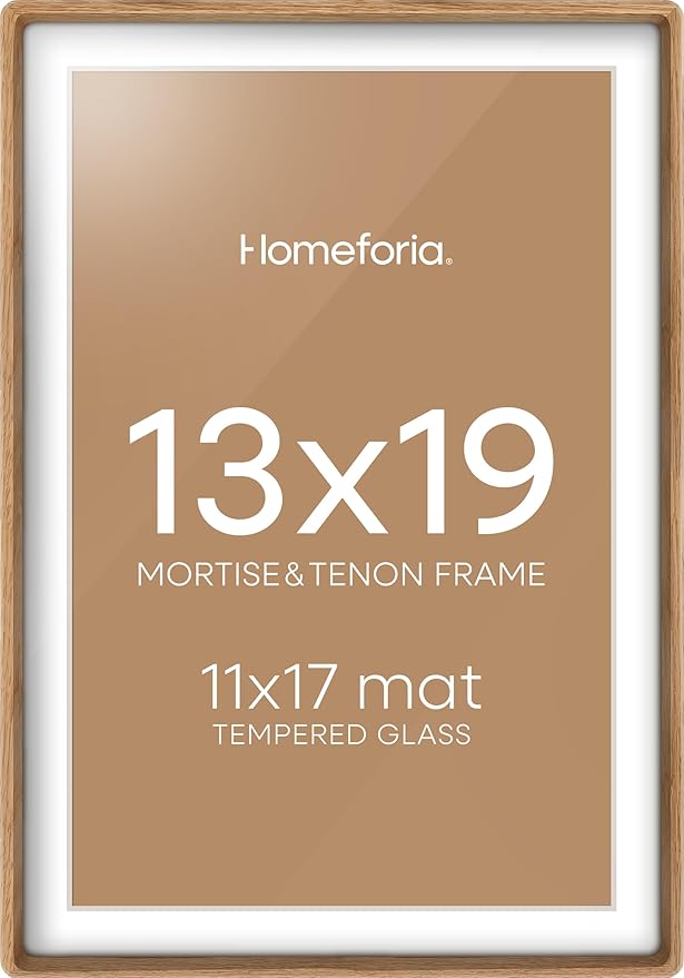 Homeforia 13x19 Mortise&Tenon Natural Oak Picture Frame, 11x17 Mat, Glass
