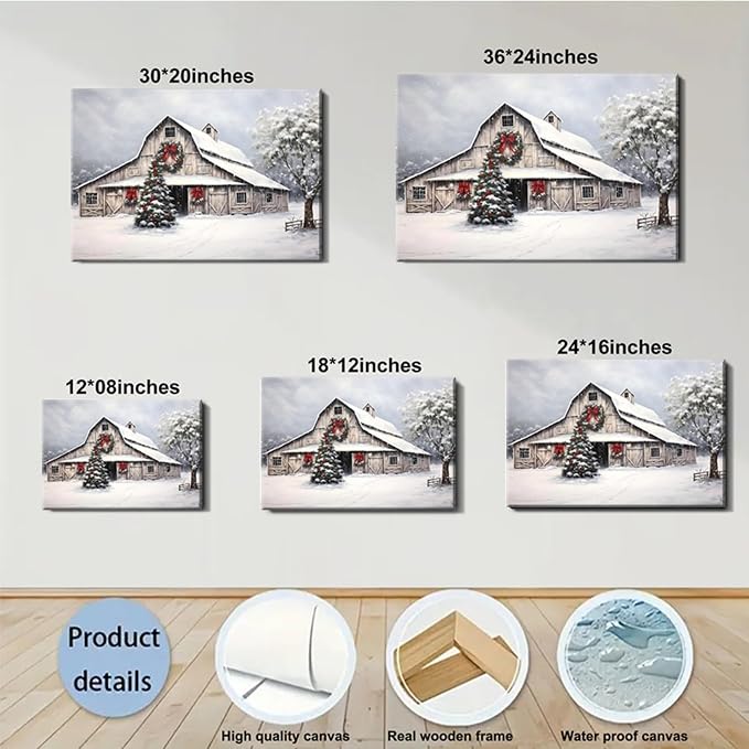 Framed Christmas Wall Art 12x18inch, Farmhouse Barn Pictures Wall Decor Winter snow Scene Canvas Painting Print Home Artwork Decorations for Bathroom Living Room Bedroom