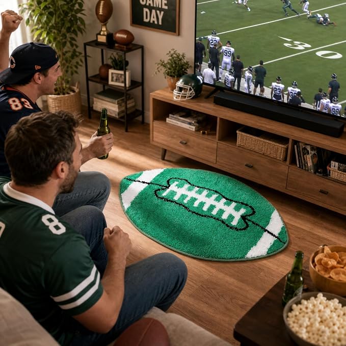 Funtery Football Rug for Boys Room Decor 32x20" Non Slip Absorbent Sports Soft Mat Field Sports Area Rug Washable Touchdown Carpet for Bathroom Playroom Athlete Back to School(Green, Football)