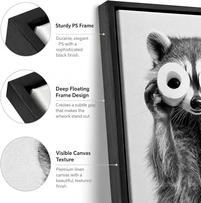 Framed Adorable Raccoon Bathroom Canvas Wall Art Toilet Paper Raccoon Wall Decor Pictures Funny Black and White Bathroom Animal Posters Prints for Restroom Home Decoration 12x16in
