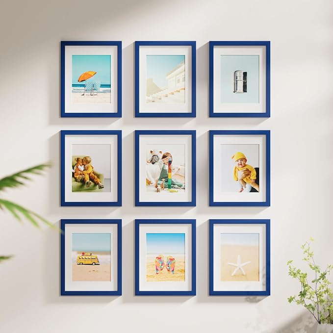 Vittanly 8x10 Picture Frames Set of 9 for Wall or Tabletop Display, Blue | Display Pictures 5x7 with Mat or 8x10 without Mat, Small Photo Frames, Engineered Wood with Shatter Resistant Plexiglass