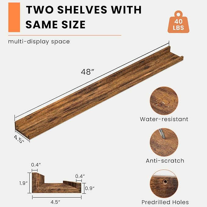 Heimlove Picture Ledge Shelf, Floating Shelves Set of 2, 47.24Inches Picture Shelf for Wall with Ledge, Kids Bookshelf Wall Mounted for Living Room Bedroom Decor Books Photo Frames - Rustic Brown