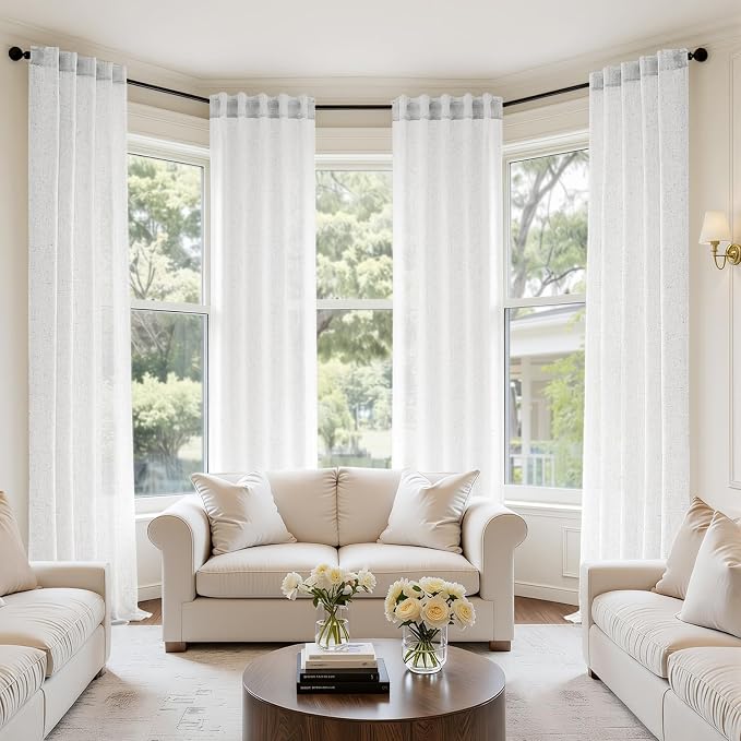 MIULEE White Back Tab Linen Curtains 4 Panels 42W x 108L | Linen material, light filtering, rod pocket back tab hanging, farmhouse decor for living room bedroom