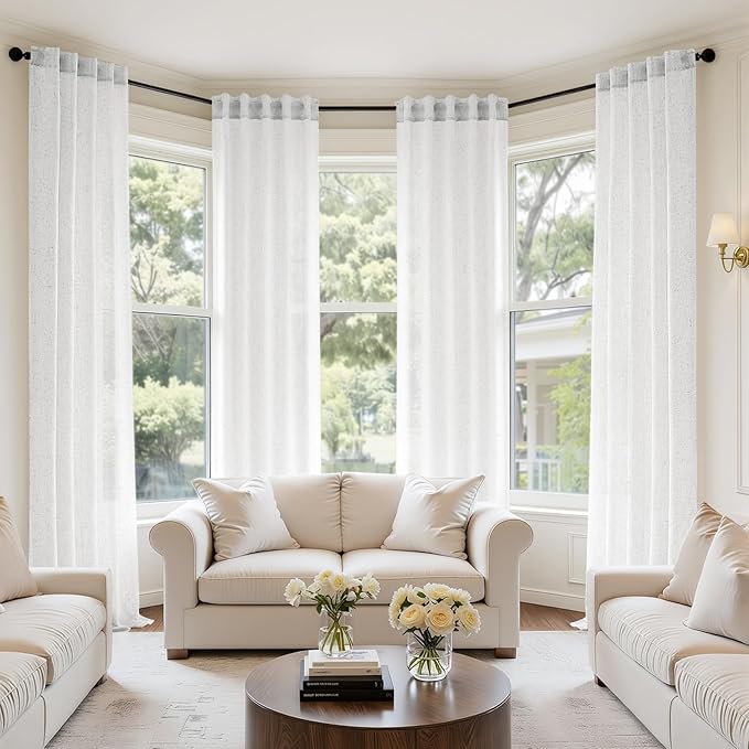 MIULEE White Back Tab Linen Curtains 4 Panels 42W x 84L | Linen material, light filtering, rod pocket back tab hanging, farmhouse decor for living room bedroom