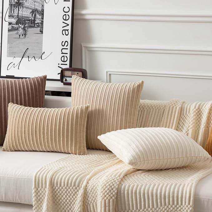 Kevin Textile Striped Corduroy 24”x24” Pillow Covers 2 Pack, Beige