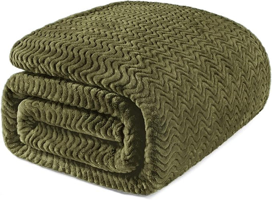 Exclusivo Mezcla Soft Fleece Blanket Queen Size for Bed, Sofa, Olive Green | 90"x90" Breathable Lightweight Flannel Blanket for Summer, Plush Cozy Jacquard Wave for Home Decor