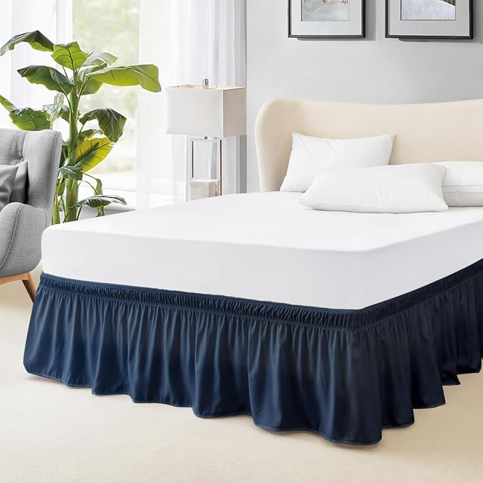 FreshCulture Twin Bed Skirt, Elastic Wrap Around Bed Skirt Twin Bed, Easy Fit with 15-Inch Tailored Drop, Hotel Quality Bed Skirts for Adjustable Bed (Navy Blue)